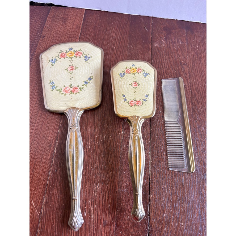 Vintage Floral Guilloche Vanity Set Hand Mirror Brush Comb Gold Tone 3pc